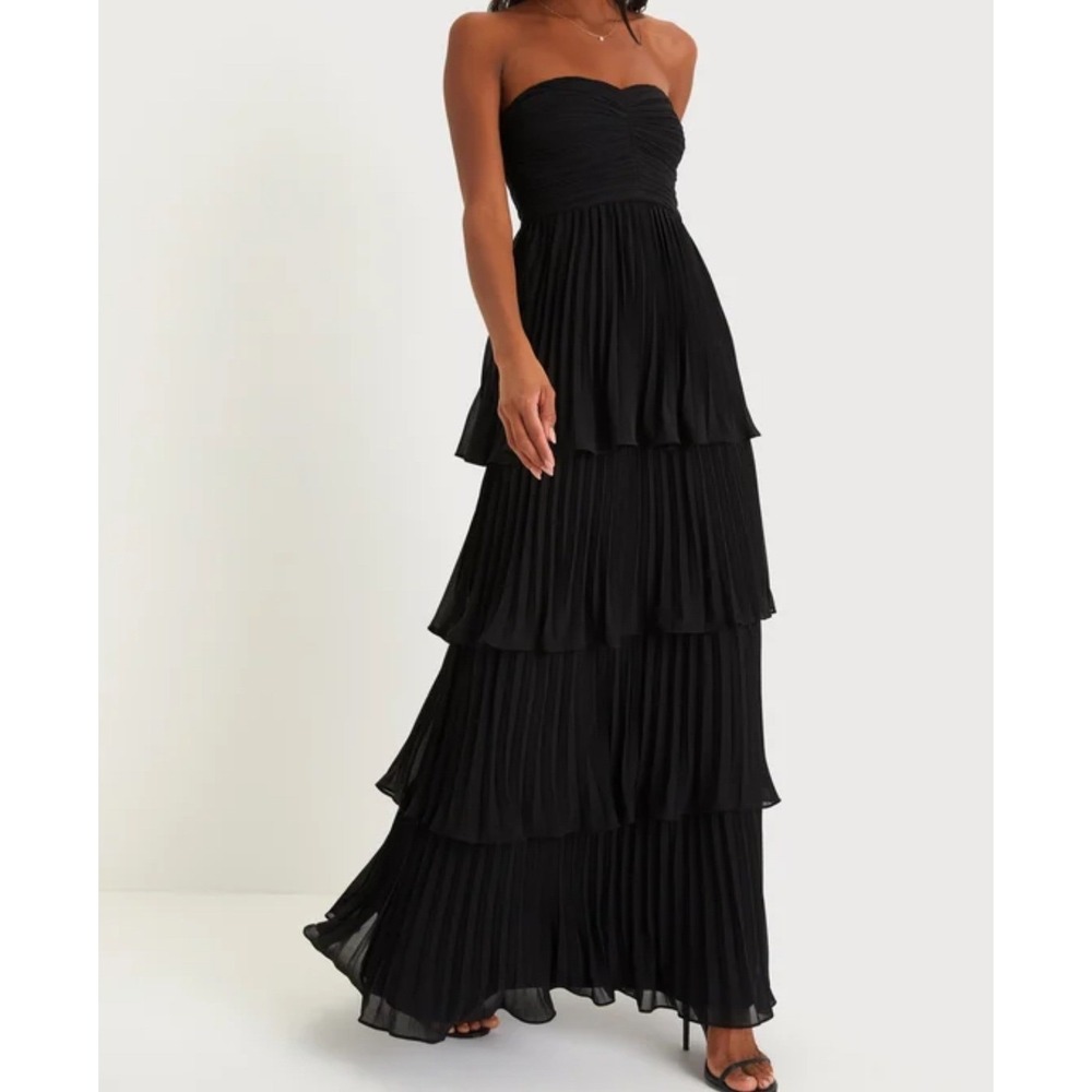 Lulus Seriously Sensational Black Strapless Tiered Pleated Maxi Dress Size L - Picture 2 of 14